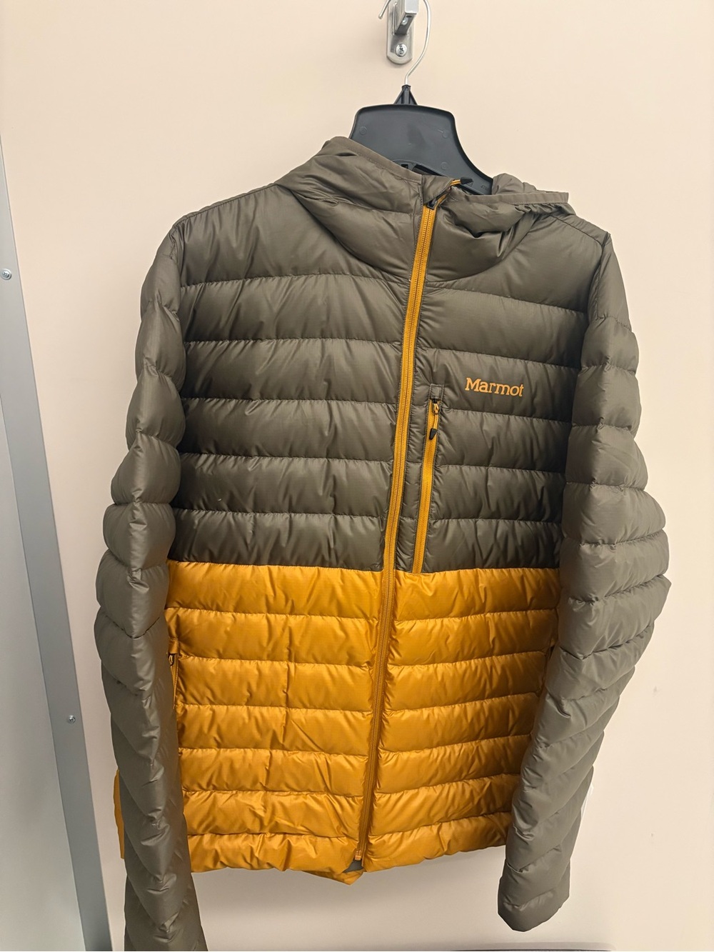 Marmot Olive and Mustard Two-Tone Insulated Hooded Puffer Jacket